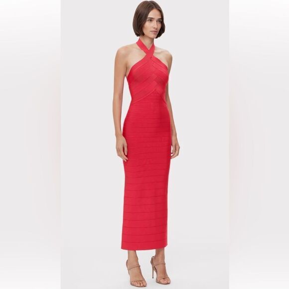 NWT Herve Leger ICON BANDAGE HALTER GOWN Large Rio Red - Picture 16 of 16